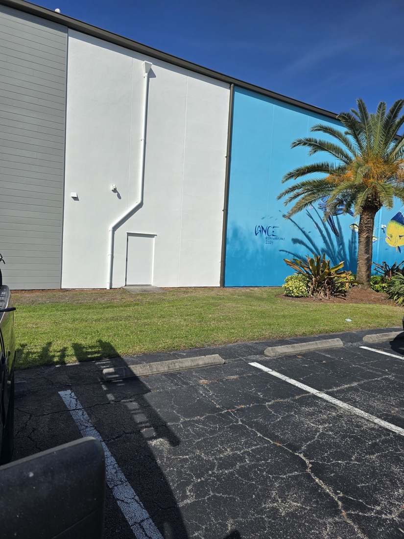 Commercial exterior repaint with mural accent wall